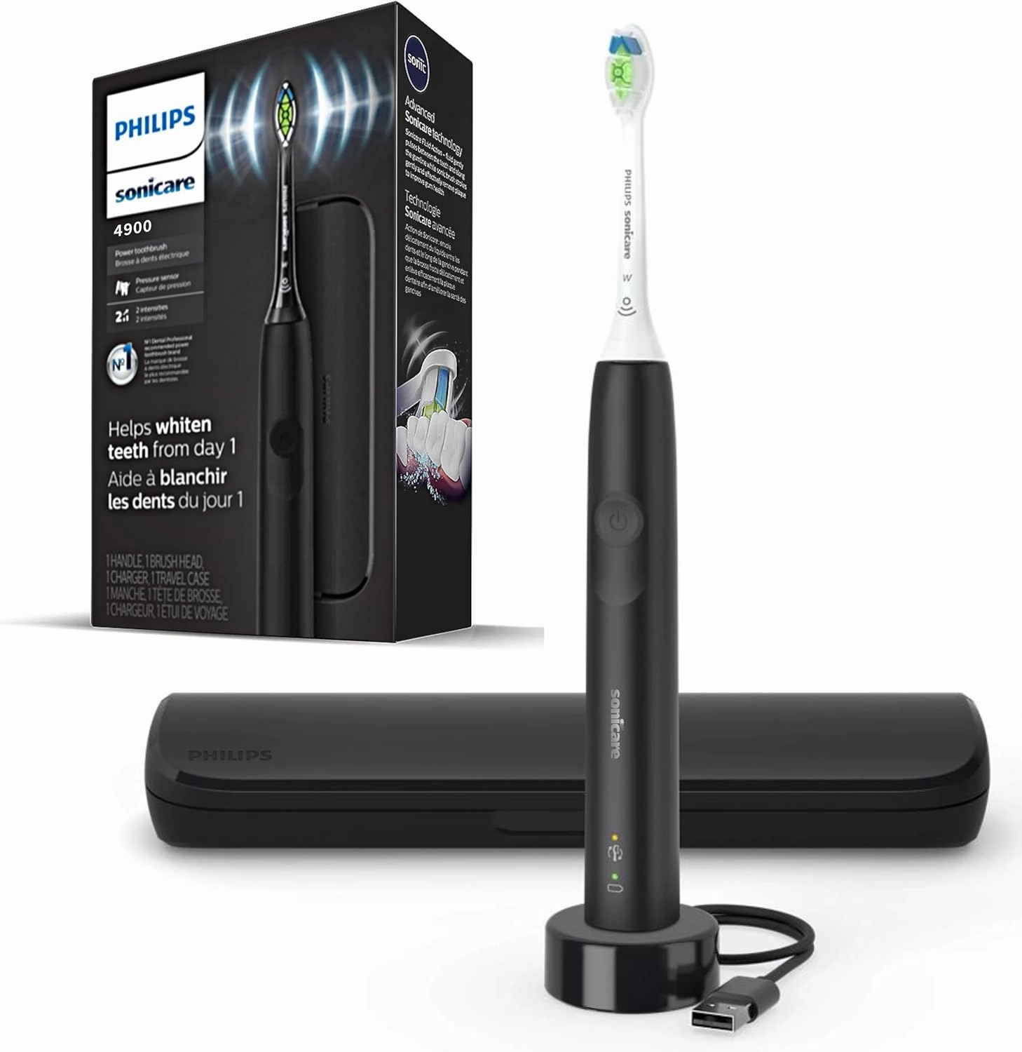 PHILIPS Sonicare Electric Toothbrush with DiamondClean Brush Head, Phillips Sonicare Rechargeable Toothbrush with Pressure Sensor, Sonic Electronic Toothbrush, Travel Case, Black 1.0 Count