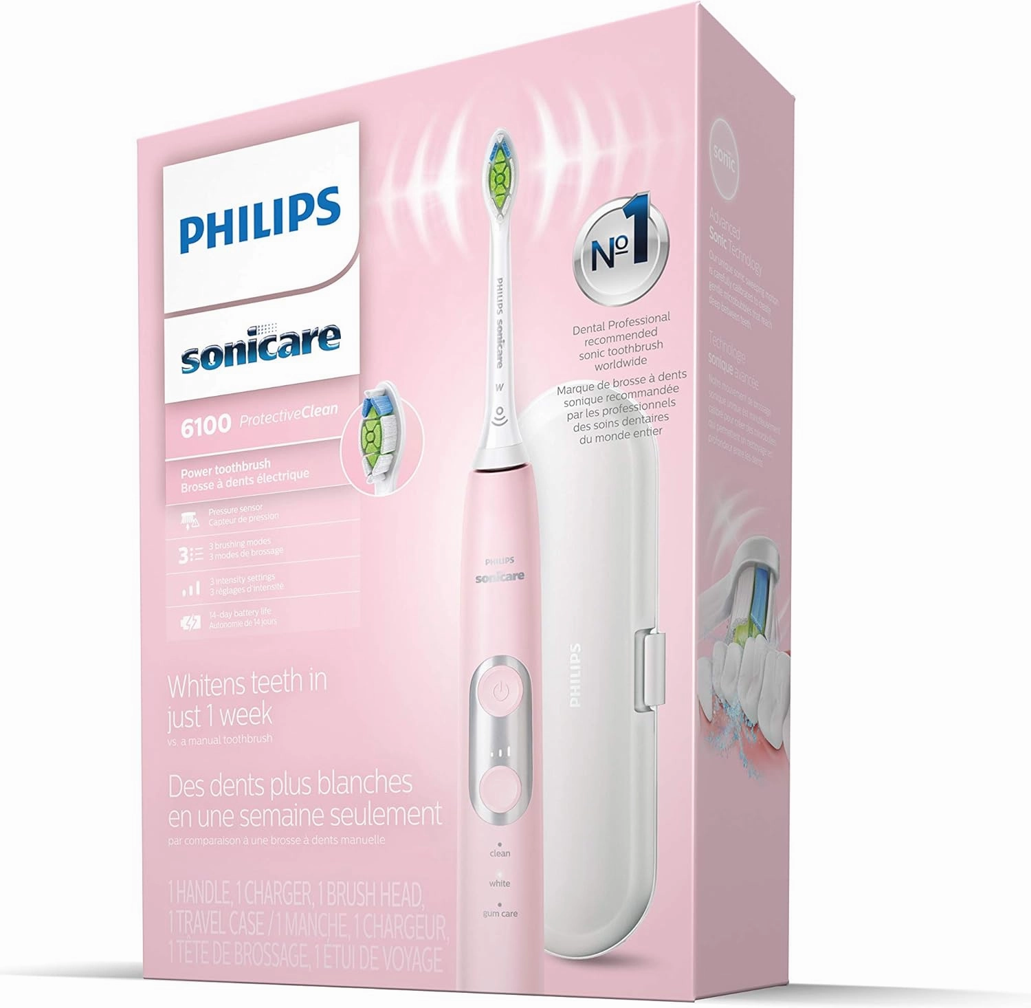 Philips Sonicare ProtectiveClean 6100 Rechargeable Electric Toothbrush, with Pressure Sensor, 3 Cleaning Modes, SmarTimer and QuadPacer, 14-Day Battery Life, Travel Case, Pink, Model HX6876/21
