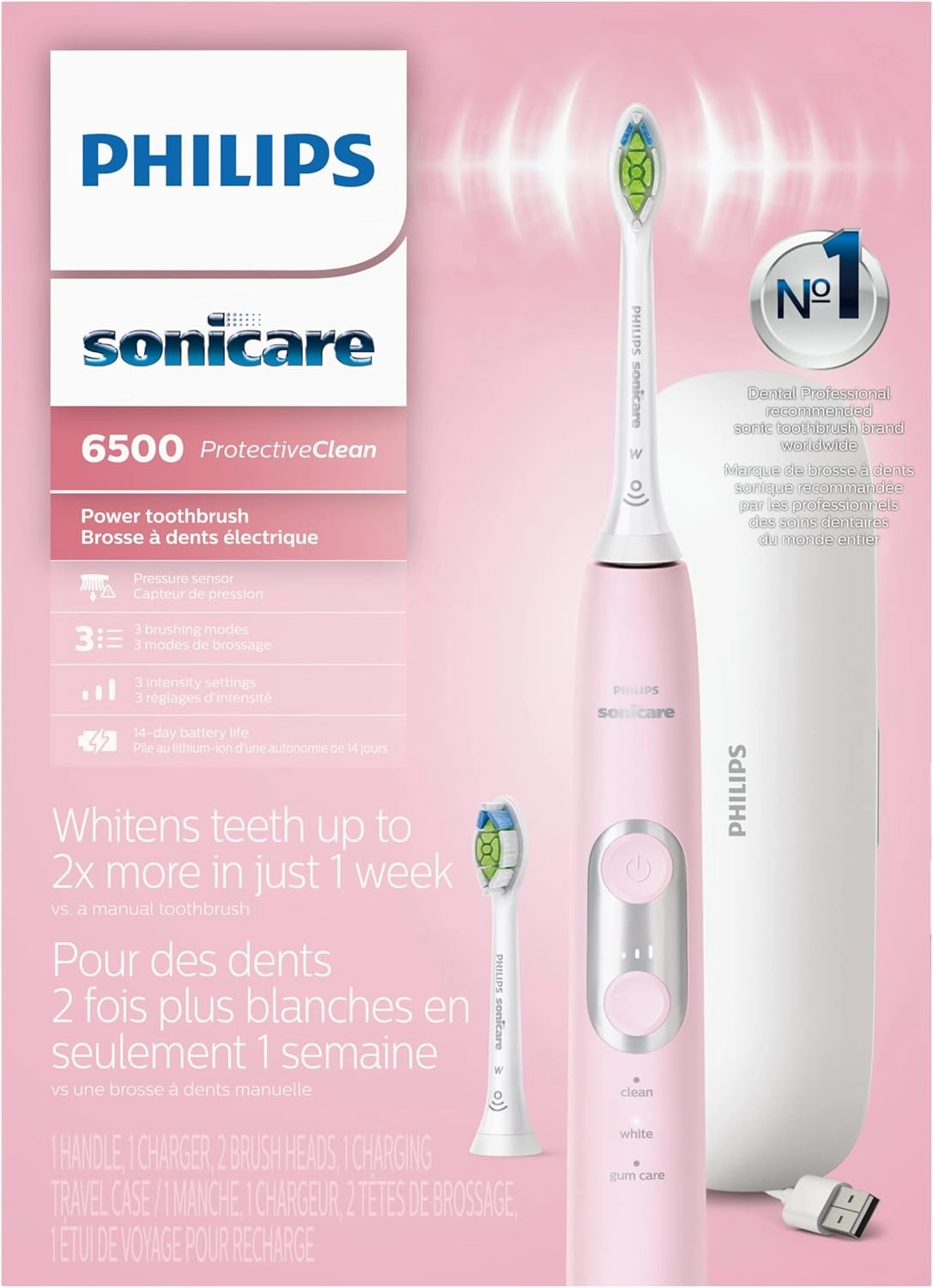 Philips Sonicare ProtectiveClean 6500 Rechargeable Electric Toothbrush, with Pressure Sensor, 3 Cleaning Modes, SmarTimer and QuadPacer, 14-Day Battery Life, Charging Travel Case, Pink, HX6462/06