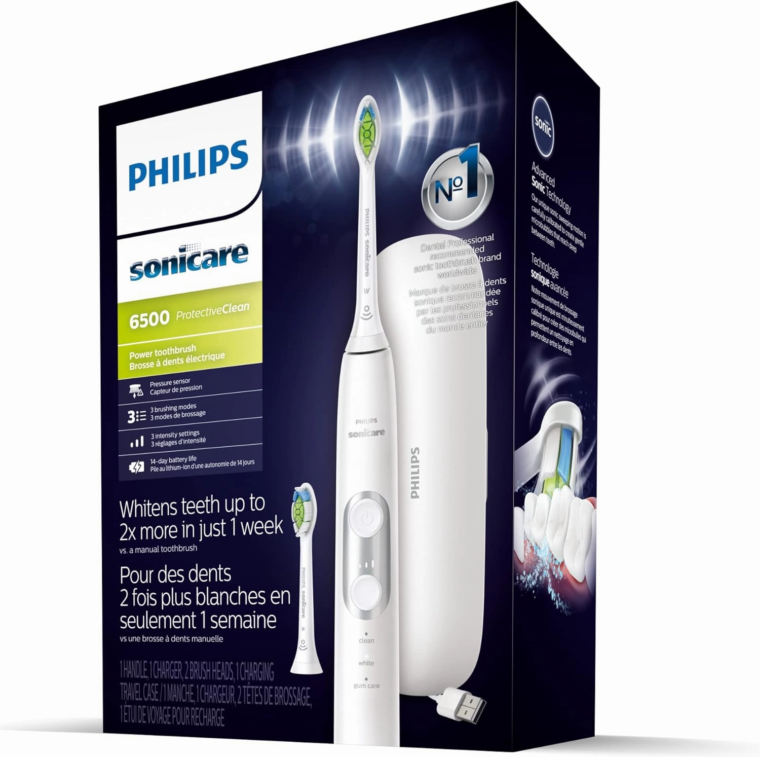 Philips Sonicare ProtectiveClean 6500 Rechargeable Electric Toothbrush, with Pressure Sensor, 3 Cleaning Modes, SmarTimer and QuadPacer, 14-Day Battery Life, Charging Travel Case, White, HX6462/05