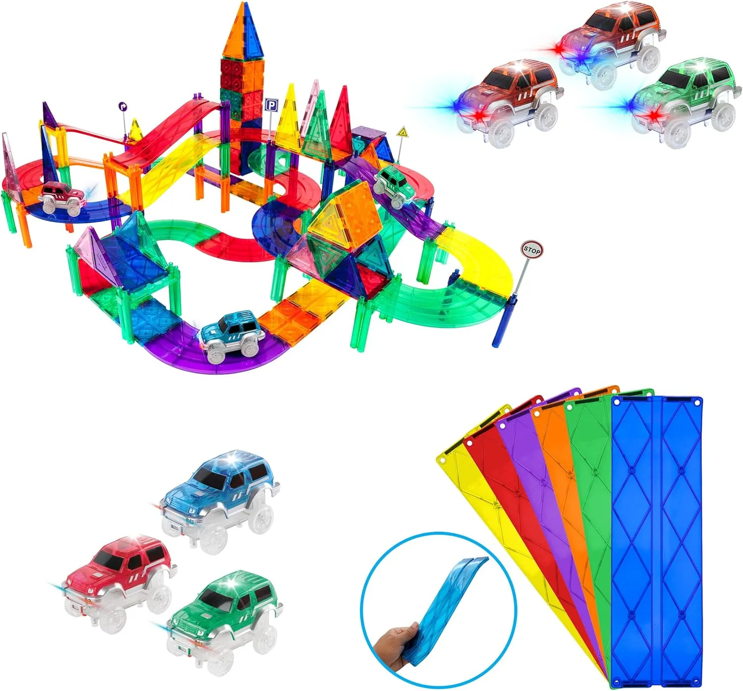 PicassoTiles 128PC Magnetic Race Car Track   3 LED Light Up Truck Cars   6PC Expansion Ramp Tiles Mega Bundle: STEAM Learning, Enhance Construction Skills, Hand-Eye Coordination and Fine Motor Skills