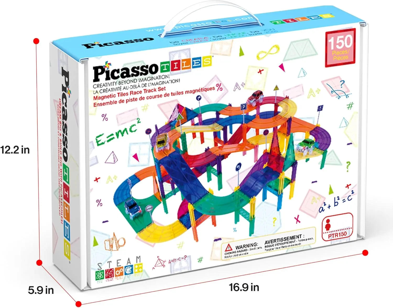 PicassoTiles 150 Piece Race Car Track Building Block Educational Toy Set Magnet Tile Magnetic Blocks Playset 4 Cars Early STEM Learning Construction Kit Hand-Eye Fine Motor Skill Brain Training PTR150