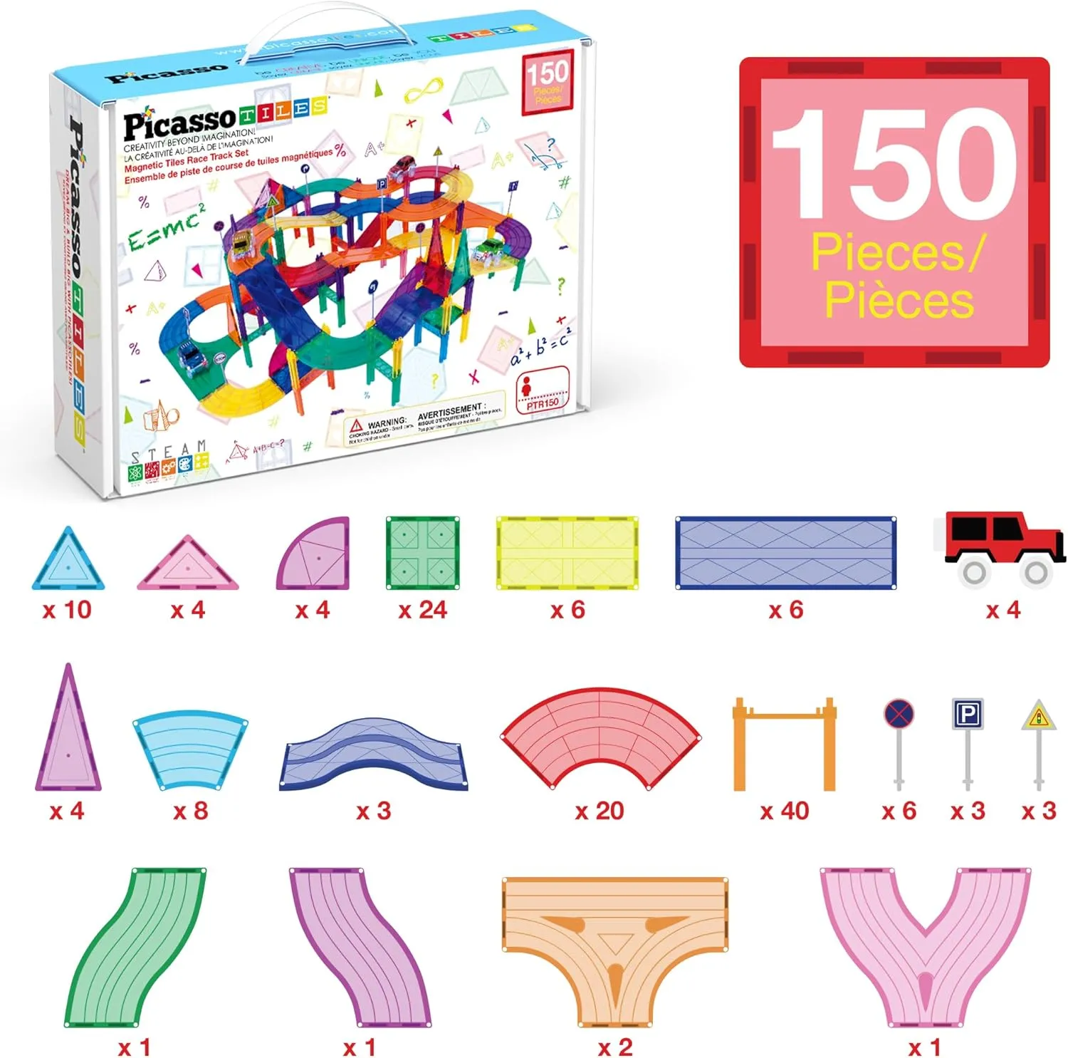 PicassoTiles 150 Piece Race Car Track Building Block Educational Toy Set Magnet Tile Magnetic Blocks Playset 4 Cars Early STEM Learning Construction Kit Hand-Eye Fine Motor Skill Brain Training PTR150