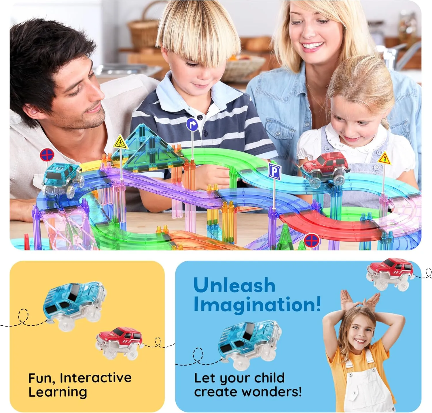 PicassoTiles 150 Piece Race Car Track Building Block Educational Toy Set Magnet Tile Magnetic Blocks Playset 4 Cars Early STEM Learning Construction Kit Hand-Eye Fine Motor Skill Brain Training PTR150