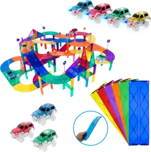 PicassoTiles 150PC Magnetic Race Car Track   3 LED Light Up Truck Cars   6PC Expansion Ramp Tiles Mega Bundle: STEAM Learning, Enhance Construction Skills, Hand-Eye Coordination and Fine Motor Skills