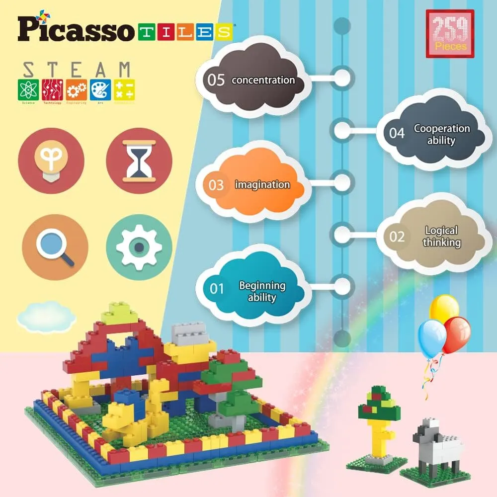 PicassoTiles 259pcs Magnetic Brick Tile Building Block Combo Set Compatible with Other Tiles Over 50  Combination STEM Toy Educational Toys for Ages 3  Toddler Boys and Girls Kids Activity Creativity