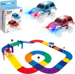 PicassoTiles 30PC Magnetic Race Car Track   2PC LED Light Up Truck Cars, Fun & Creative Playset: STEAM Learning, Enhance Construction Skills, Hand-Eye Coordination and Fine Motor Skills, Toy Gift Idea