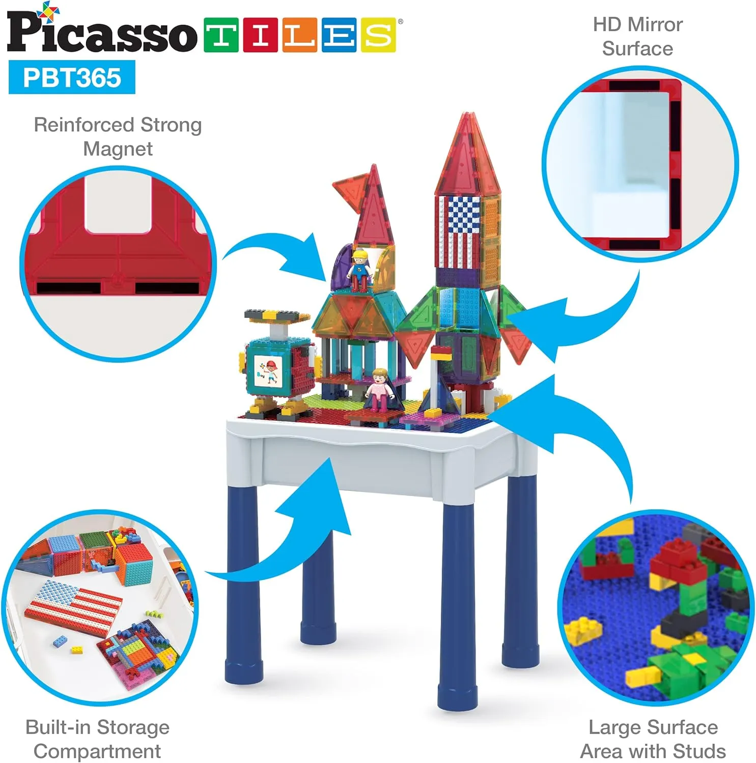PicassoTiles 316 PCs Activity Table with Magnetic Tiles and Building Brick Blocks, Playset Table with Magnetic Action Figures & Storage Included, Can be Use as Water & Sand Tables STEM Toys Ages 3 