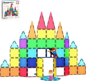 PicassoTiles 63 Pcs Magnetic Building Block Tiles with 2 Character Figures Construction Stacking STEM 3D Toy Set Creative Educational Learning Kit Magnet Montessori Playset for Kids & Toddlers Ages 3 