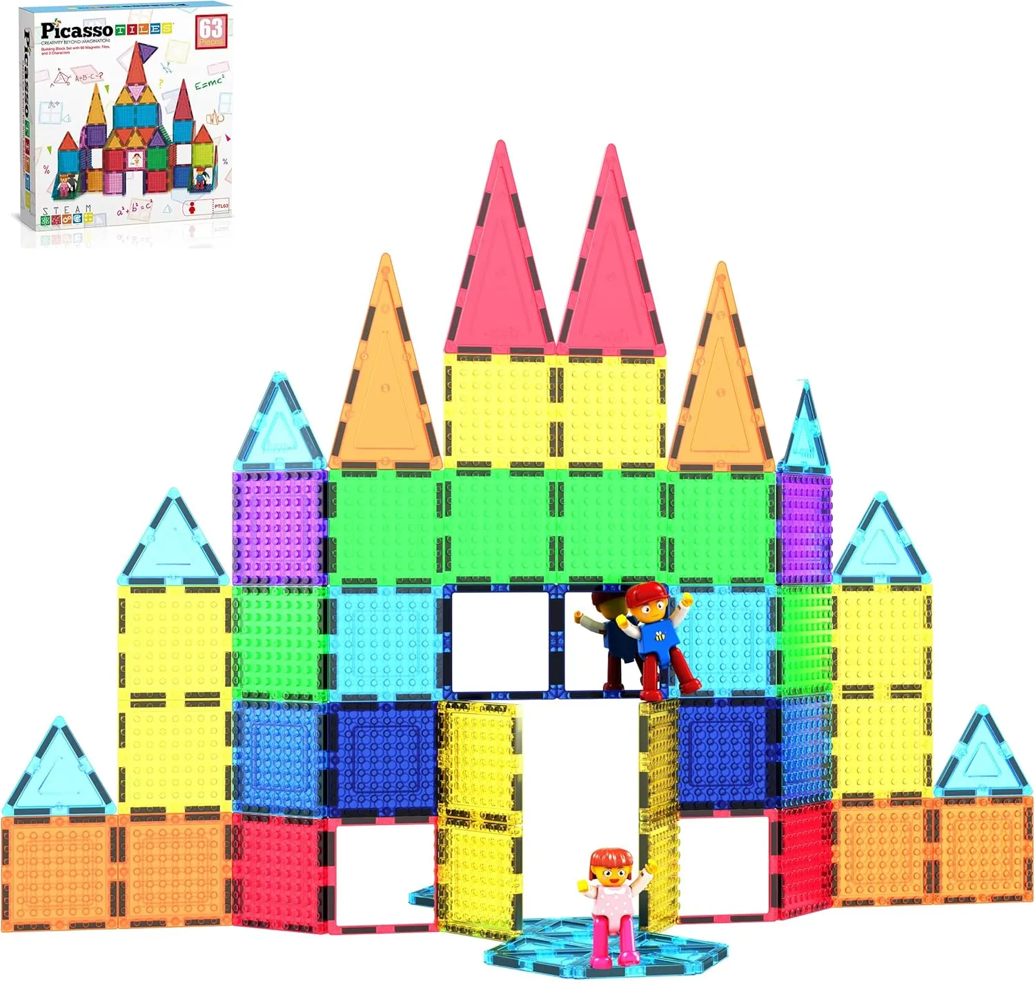 PicassoTiles 63 Pcs Magnetic Building Block Tiles with 2 Character Figures Construction Stacking STEM 3D Toy Set Creative Educational Learning Kit Magnet Montessori Playset for Kids & Toddlers Ages 3 