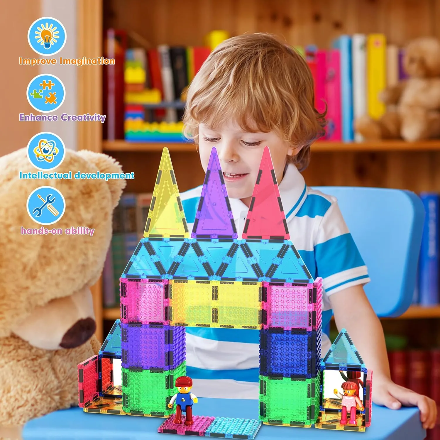 PicassoTiles 63 Pcs Magnetic Building Block Tiles with 2 Character Figures Construction Stacking STEM 3D Toy Set Creative Educational Learning Kit Magnet Montessori Playset for Kids & Toddlers Ages 3 
