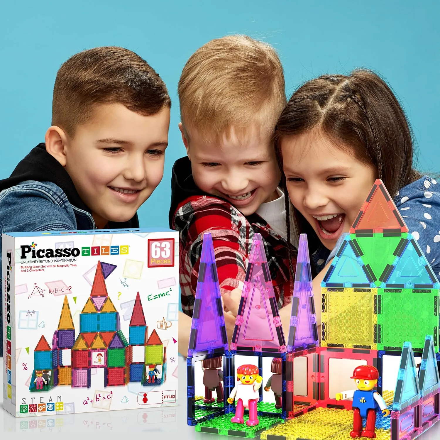 PicassoTiles 63 Pcs Magnetic Building Block Tiles with 2 Character Figures Construction Stacking STEM 3D Toy Set Creative Educational Learning Kit Magnet Montessori Playset for Kids & Toddlers Ages 3 