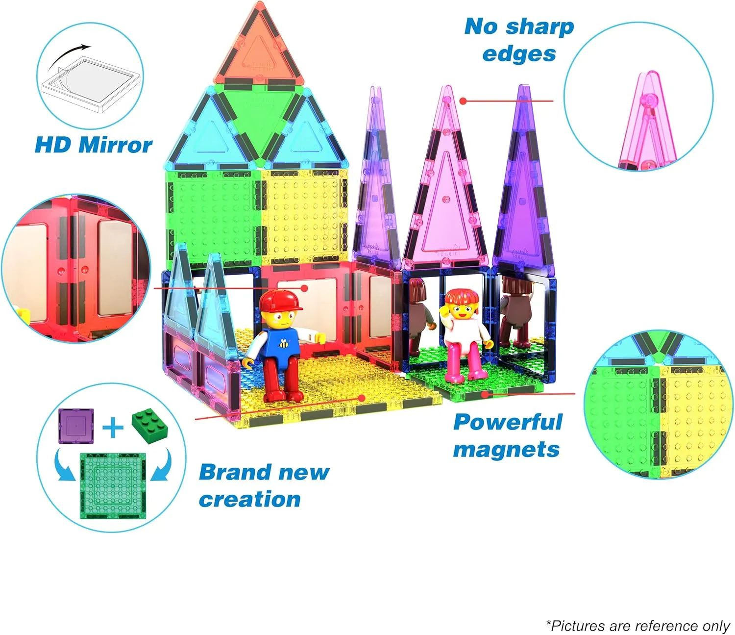 PicassoTiles 63 Pcs Magnetic Building Block Tiles with 2 Character Figures Construction Stacking STEM 3D Toy Set Creative Educational Learning Kit Magnet Montessori Playset for Kids & Toddlers Ages 3 