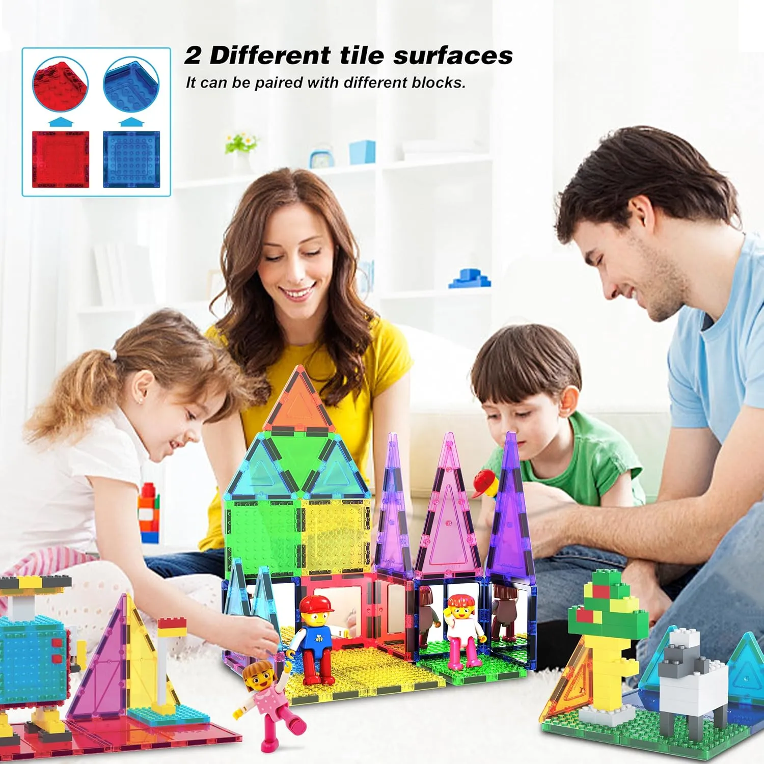 PicassoTiles 63 Pcs Magnetic Building Block Tiles with 2 Character Figures Construction Stacking STEM 3D Toy Set Creative Educational Learning Kit Magnet Montessori Playset for Kids & Toddlers Ages 3 