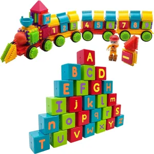 PicassoTiles Magnetic Puzzle Cube   Train 103pc Bristle Shape Blocks, Magic Interconnect Interlocking Learning Kit with 6 Different Picture Variety, Alphabet & Numerical Construction Building Tile Set