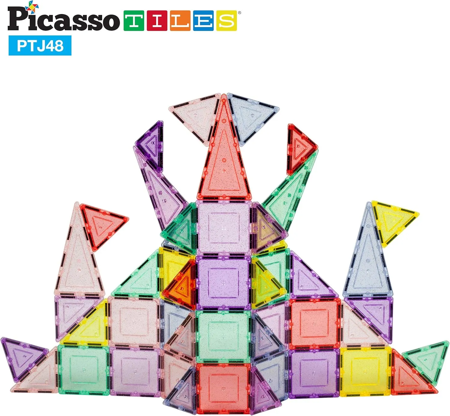 PicassoTiles Magnetic Tiles Blocks Magnet Tile Magnets Building Blocks Construction Toy Set with Reflective Leaf Flakes Magnetic Building Tiles Toys STEM Learning Kit Stacking Block Playset PTJ48