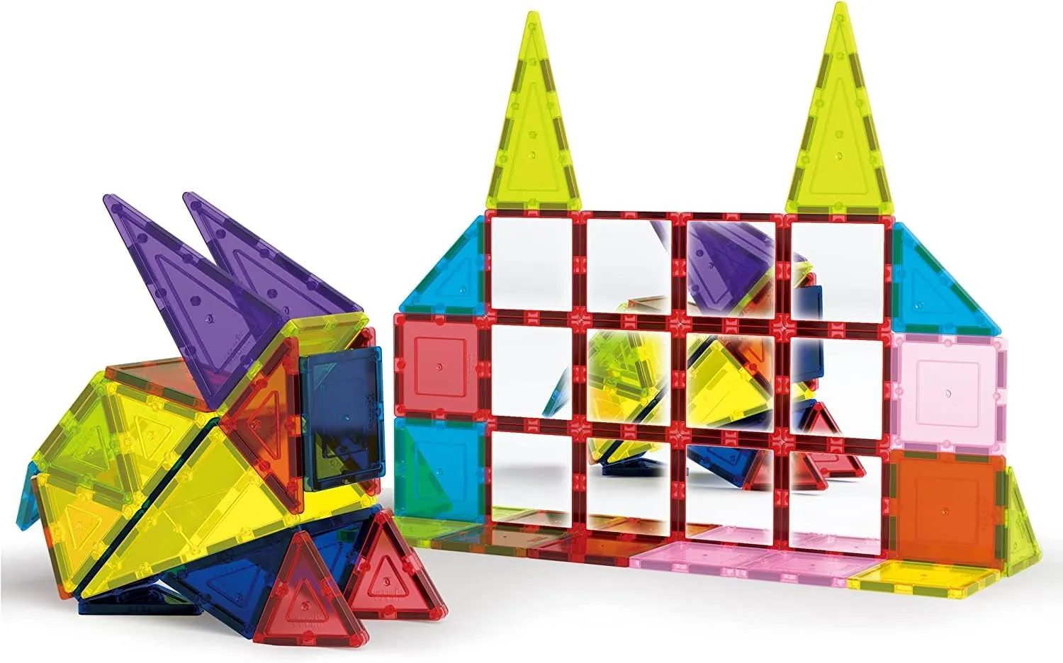 PicassoTiles Rocket, School Bus, Train Theme   12pcs Mirror Tile, 3-in-1 Stick-On Puzzle Pretend Play Magnetic Tiles Block Toys, Expansion Square Set, Toddler Magnets, Educational Toys for 3  Year Old