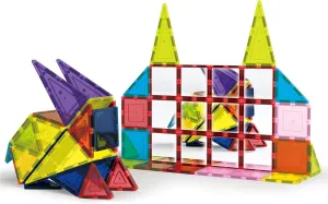 PicassoTiles Rocket, School Bus, Train Theme   12pcs Mirror Tile, 3-in-1 Stick-On Puzzle Pretend Play Magnetic Tiles Block Toys, Expansion Square Set, Toddler Magnets, Educational Toys for 3  Year Old
