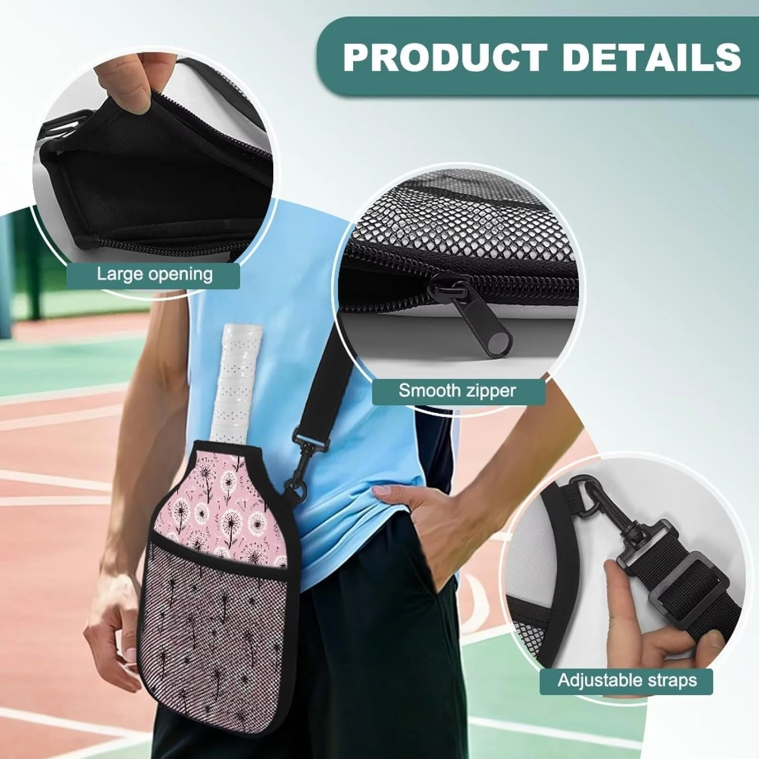 Pickleball Paddle Cover Pickle Ball Racket Protector Large Opening with Zipper Racket Sleeve with Adjustable Strap