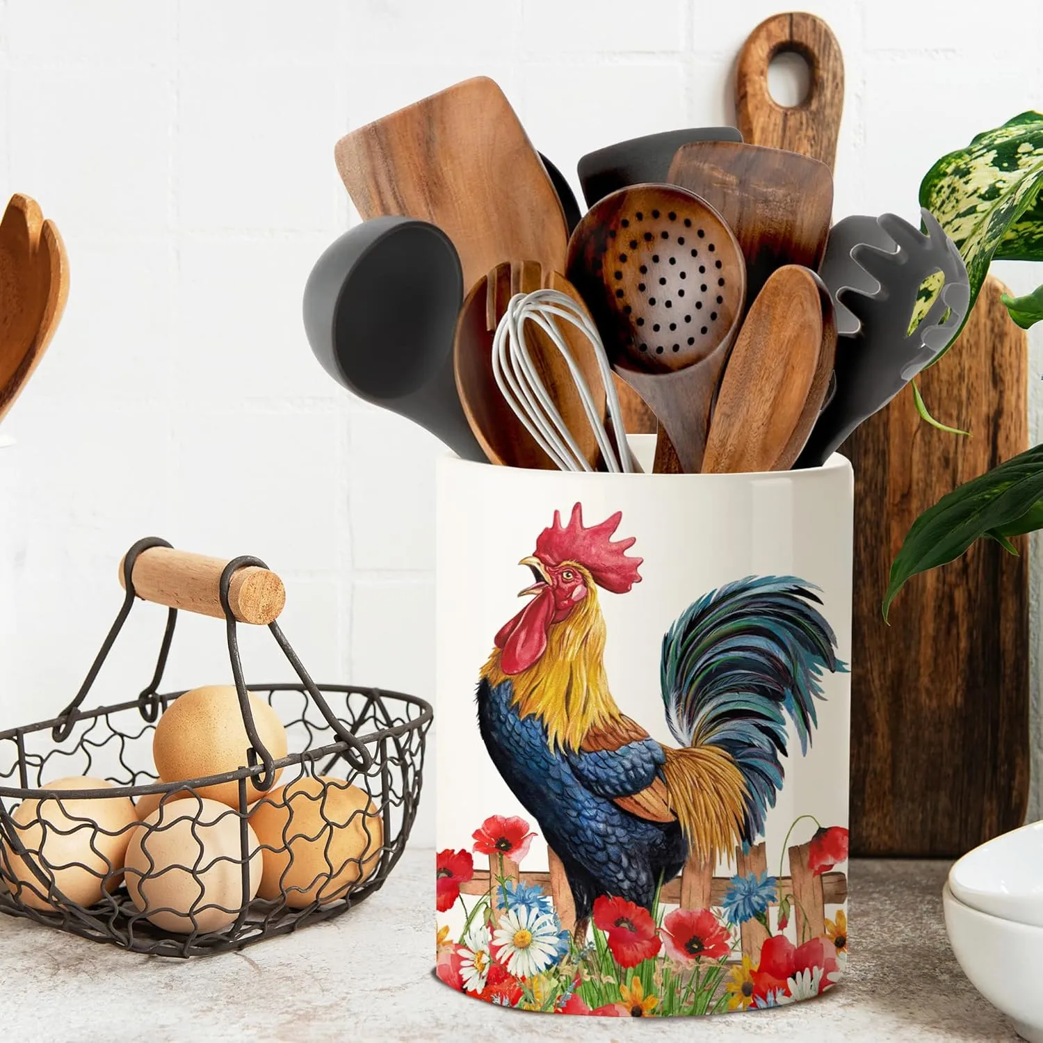 pinata Rooster Kitchen Decor Ceramic Utensil Holder, Cute Rooster Utensils Holder for Farmhouse Indoor Kitchen Decorations Rustic Farmhouse Decor (6.5 inch)