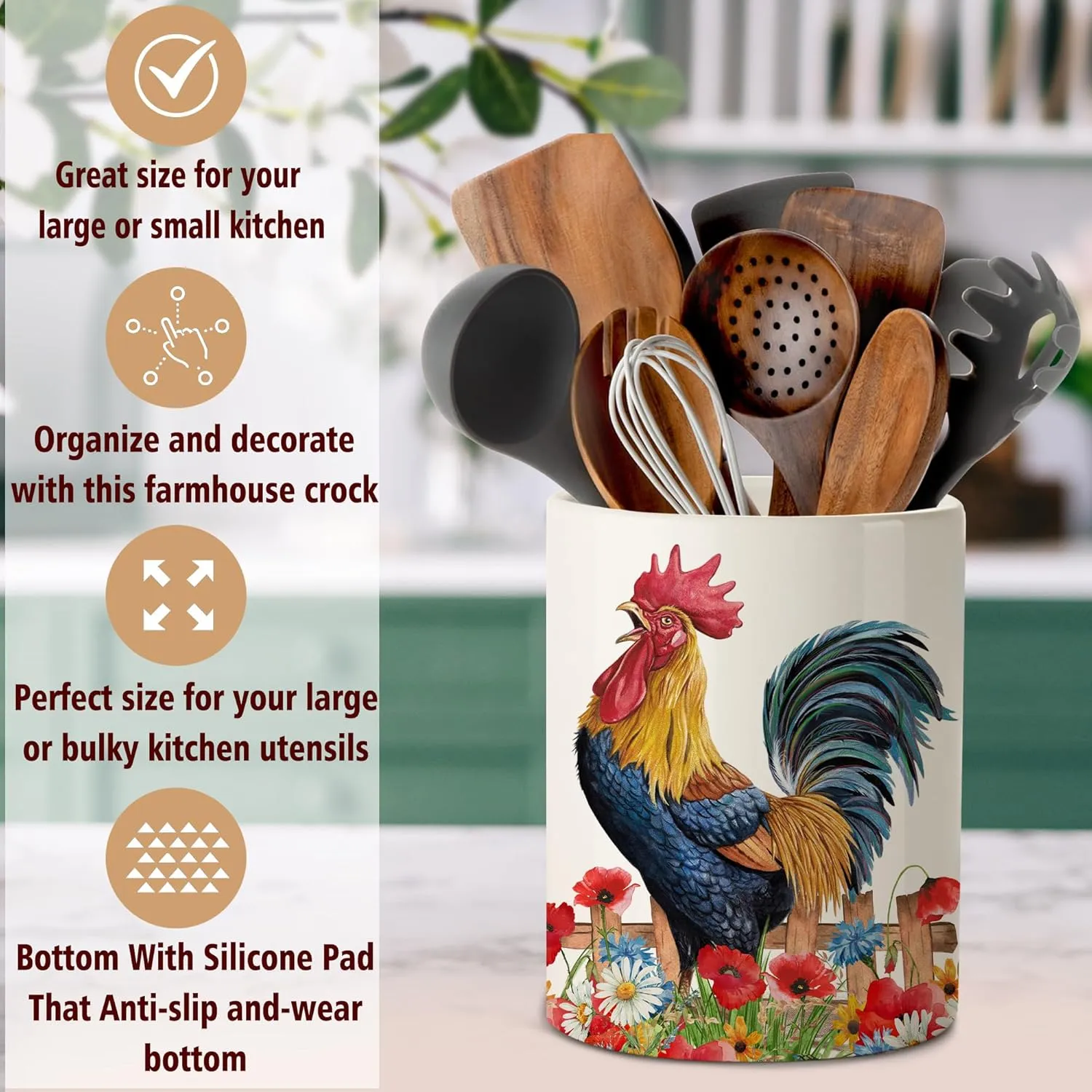 pinata Rooster Kitchen Decor Ceramic Utensil Holder, Cute Rooster Utensils Holder for Farmhouse Indoor Kitchen Decorations Rustic Farmhouse Decor (6.5 inch)