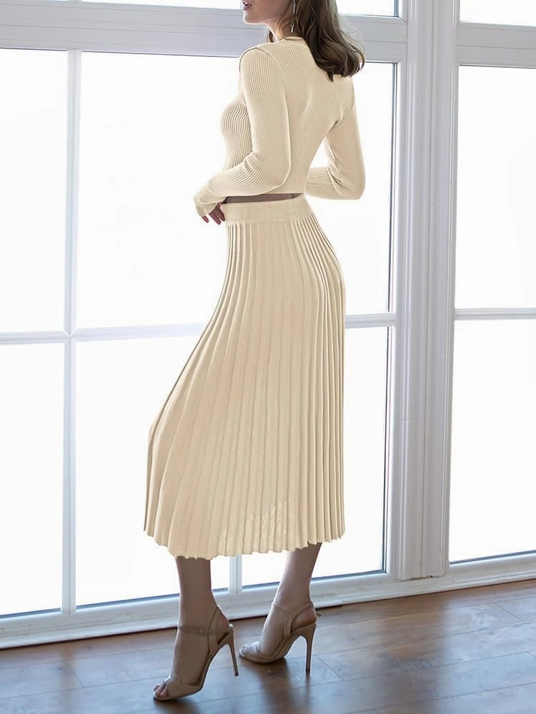 Pink Queen Women's 2 Piece Sweater Outfits Set Long Sleeve Crop Top Ribbed Split Bodycon Midi Long Skirt Knit Dresses