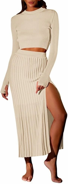 Pink Queen Women's 2 Piece Sweater Outfits Set Long Sleeve Crop Top Ribbed Split Bodycon Midi Long Skirt Knit Dresses