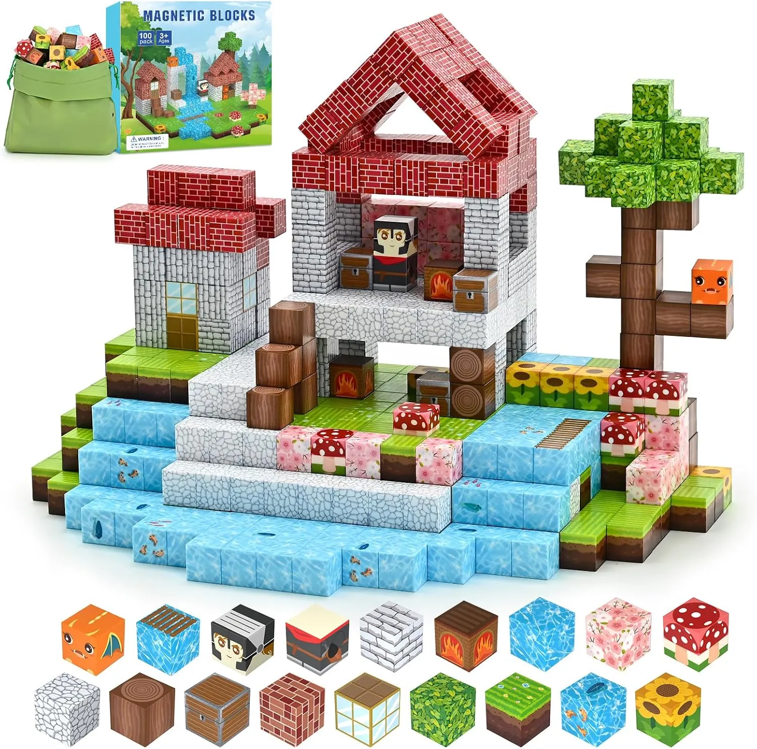 PINKCAT 100 PCS Magnetic Blocks Building Blocks Set, Grassland Natural World Magnetic Building Cubes for Toddler Boys Girls, Holiday Easter Birthday Present Construction Stacking Building Toys