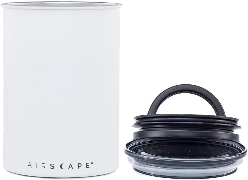 Planetary Design Airscape® Stainless Steel Coffee Canister | Food Storage Container | Patented Inner Plunger Lid REMOVES Excess Oxygen | Don't Buy airtight, Buy AIR-Less | (Medium, Matte White)