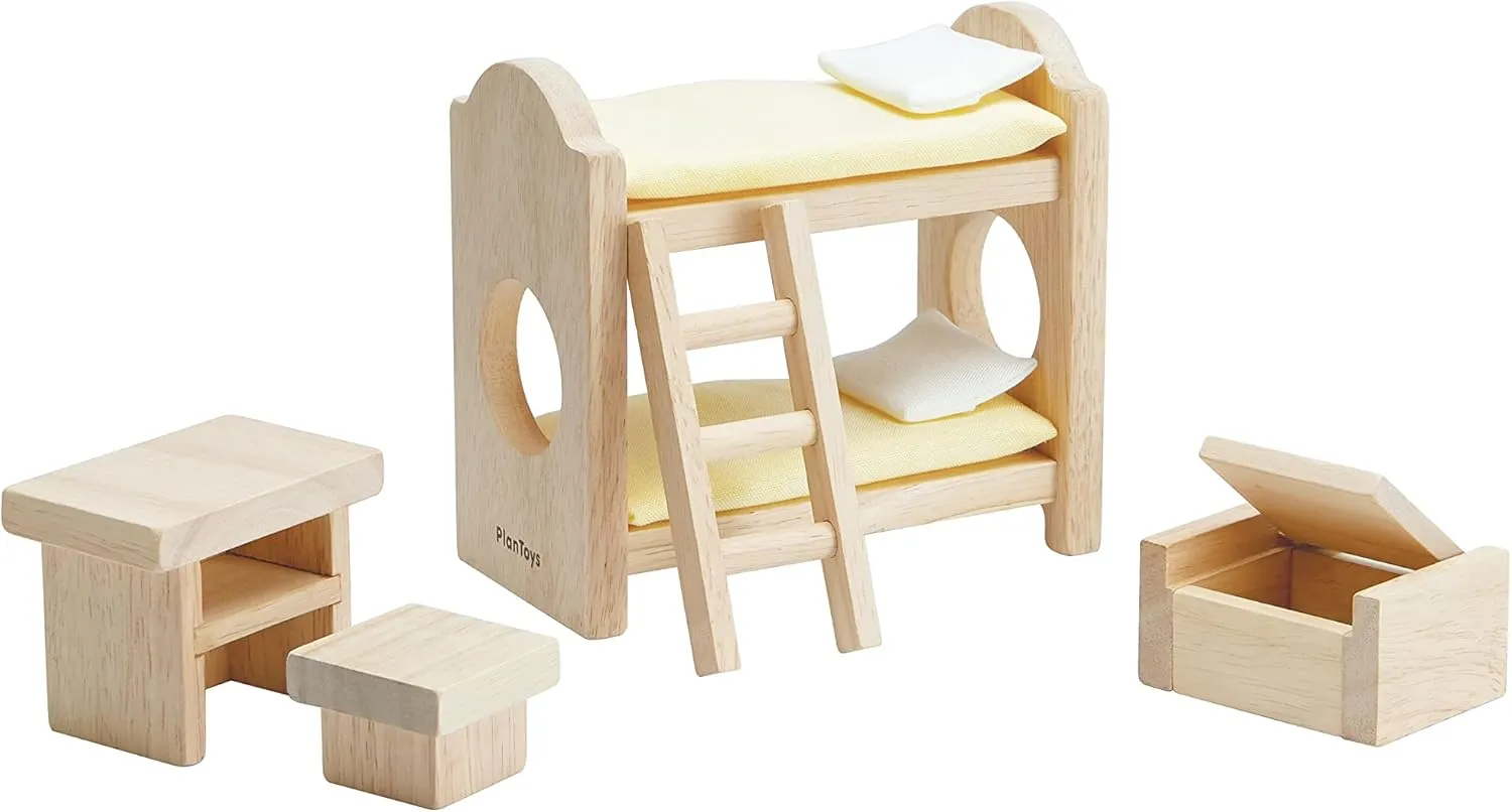 PlanToys Wooden Classic Line of Dollhouse Furniture - Children's Bunk Bedroom Set (9502) | Sustainably Made from Rubberwood and Non-Toxic Paints and Dyes | PlanNatural Classic Wooden Toy Collection