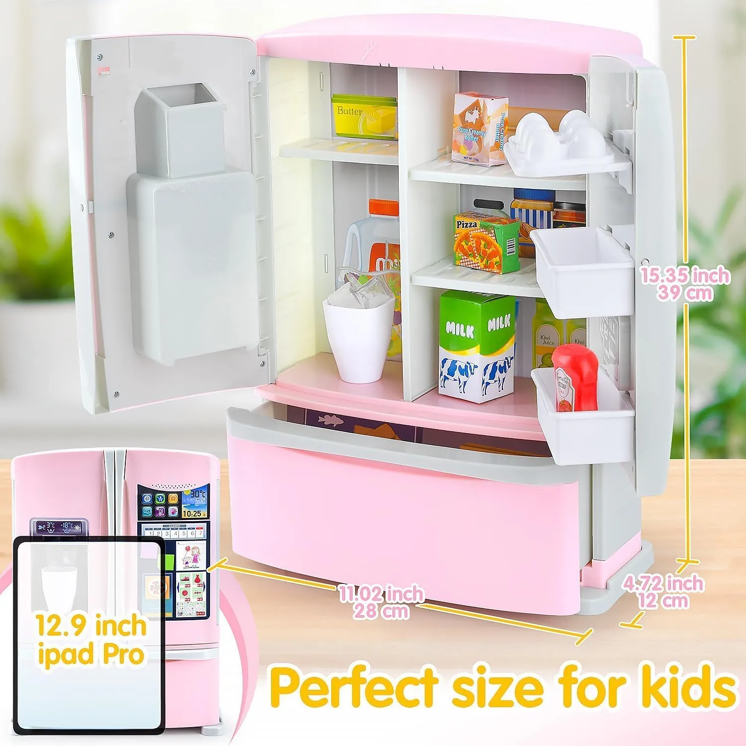 PLAY Kids Kitchen Refrigerator with Ice Dispenser, Pretend Kid Toy Fridge Kitchen Playset, Kitchen Appliance Accessories for Girl Boy Christmas Birthday Gift Age 3 , Pink