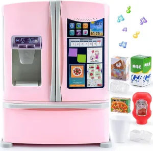 PLAY Kids Kitchen Refrigerator with Ice Dispenser, Pretend Kid Toy Fridge Kitchen Playset, Kitchen Appliance Accessories for Girl Boy Christmas Birthday Gift Age 3 , Pink