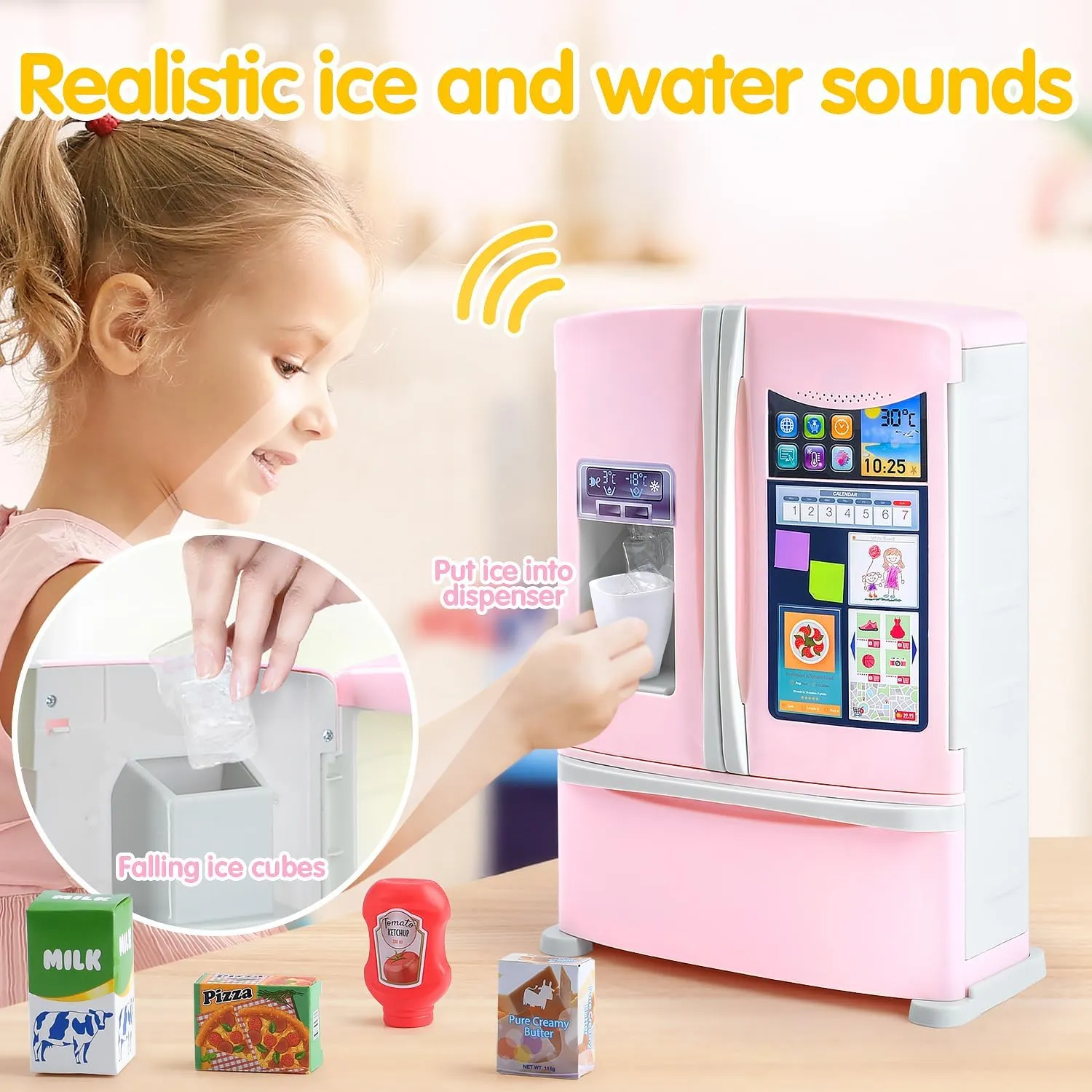 PLAY Kids Kitchen Refrigerator with Ice Dispenser, Pretend Kid Toy Fridge Kitchen Playset, Kitchen Appliance Accessories for Girl Boy Christmas Birthday Gift Age 3 , Pink