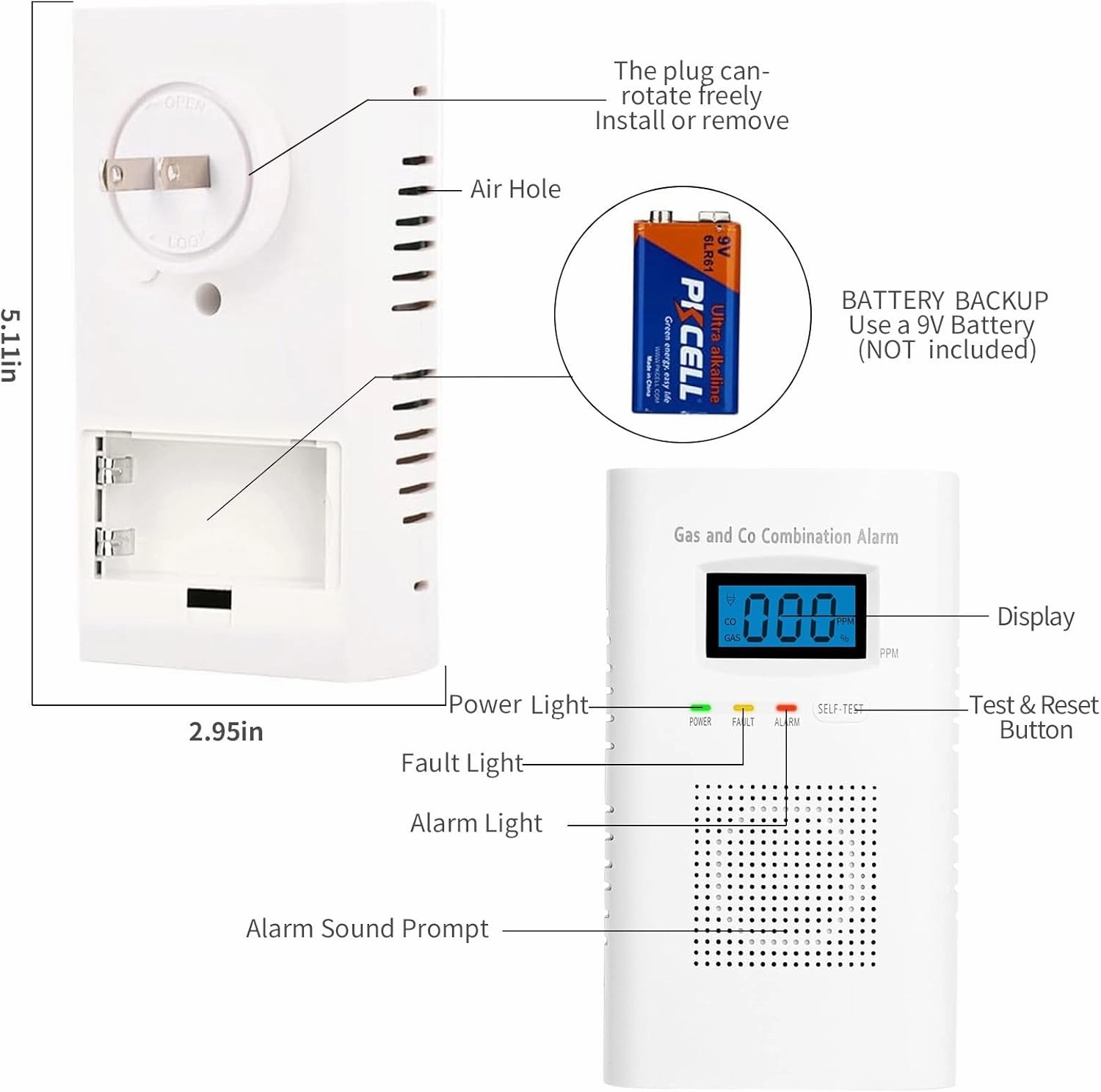 Plug-in Carbon Monoxide detectorand Natural Gas Detector， 2-in-1 CO Alarm and Gas Leak Detector with Sound and Light Alarm for Kitchen，RV，Office - 1Pcs