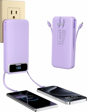 Portable-Charger Power-Bank with Built-in Cables & AC Wall Plug - 20000mAh PD 20W Fast Charging for iPhone,Android, USB-C,Rechargeable External Battery Pack for Cell Phone,Type C cords,Travel Purple