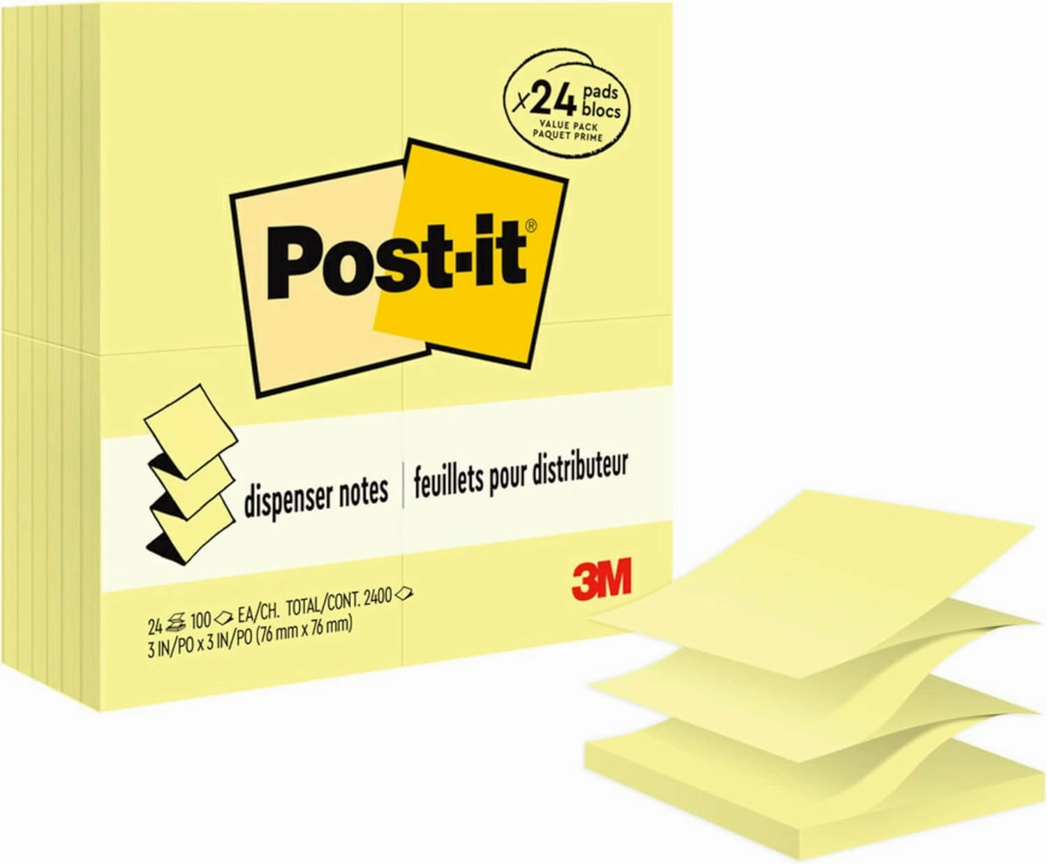 Post-it Dispenser Pop-up Notes, 3x3 in, 24 Pads, Canary Yellow, Clean Removal, Recyclable