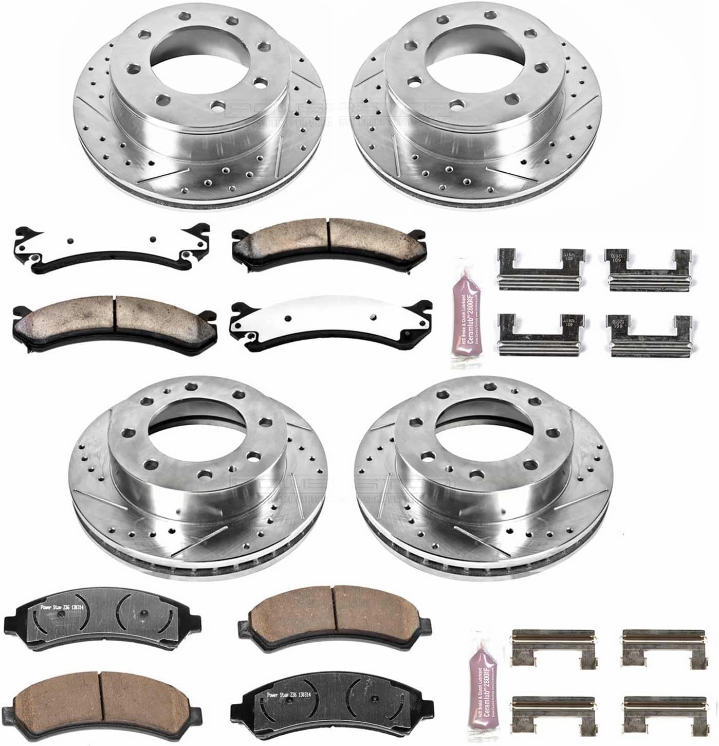 Power Stop Front and Rear Z36 Truck & Tow Brake Pads For 2000-2010 Chevy Silverado 2500, 2004-2006 3500, 2007 GMC Sierra 2500, 2007 3500 - Drilled and Slotted Rotors Kit