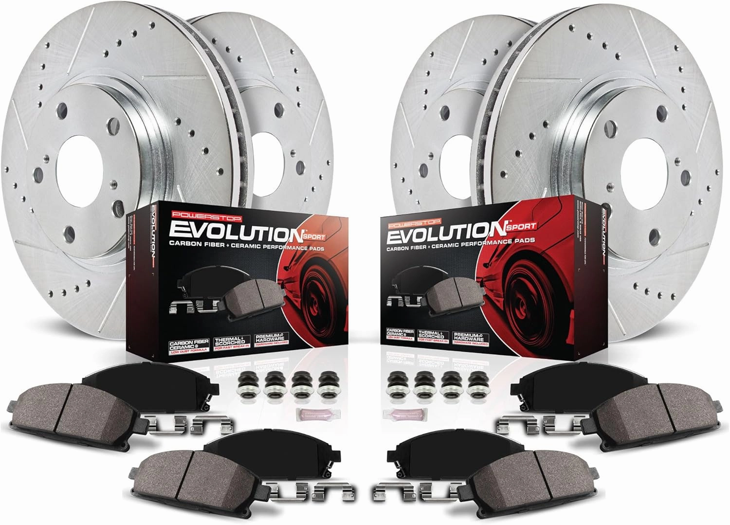Power Stop K8171 Front and Rear Z23 Carbon Fiber Brake Pads with Drilled and Slotted Brake Rotors Kit and 2 Front & 2 Rear Sensor Wires For 2019 2020 Chevy Silverado 1500