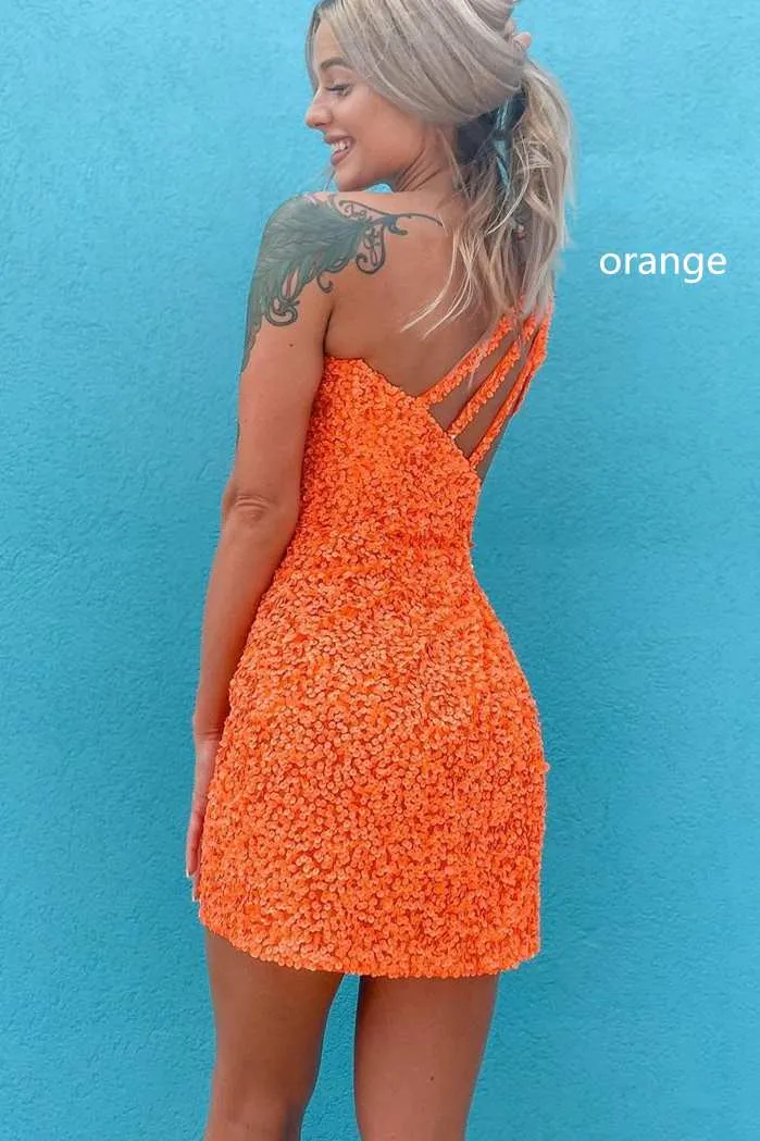 Pretty Homecoming Dress Bodycon one shoulder Style Sequin Short Party Cocktail Dress