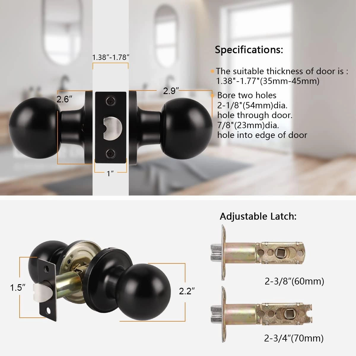 Probrico Matte Black Hall/Closet Door Knobs, Round Ball Passage Door Knobs for Interior Door, Keyless Non-Locking Door Handles, 5 Pack