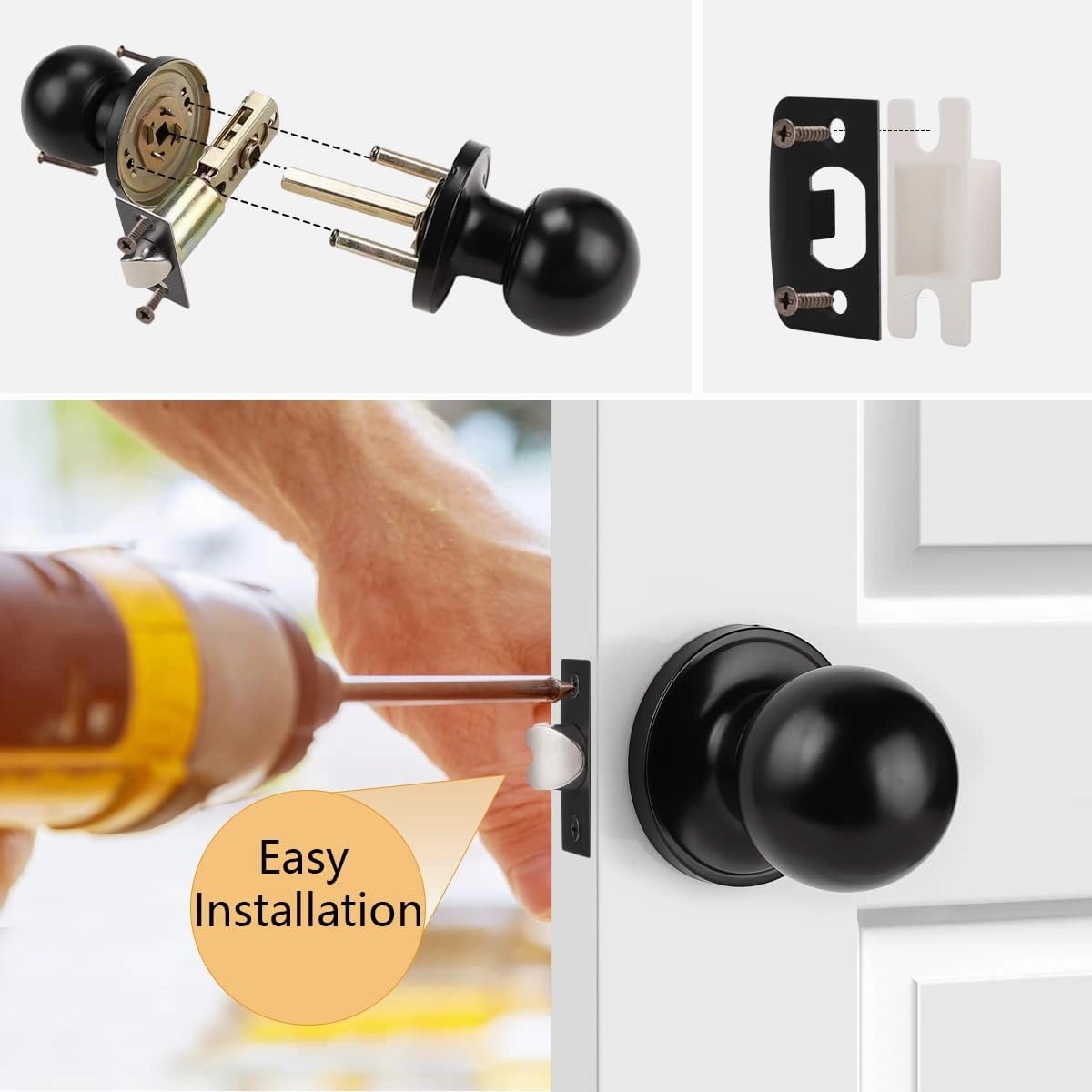 Probrico Matte Black Hall/Closet Door Knobs, Round Ball Passage Door Knobs for Interior Door, Keyless Non-Locking Door Handles, 5 Pack