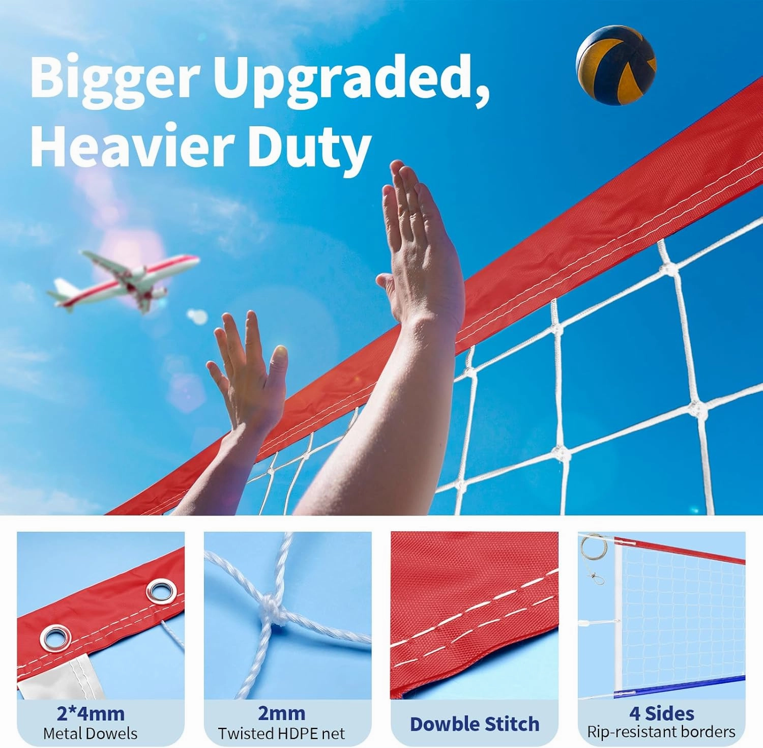 Professional Volleyball Net Outdoor Heavy Duty, All Weather Enhanced, Extended Stainless Steel Cable, Extra Thick Borders, for Backyard Beach Pool Indoor Outdoor- Regulation 32x3FT (Net Only)