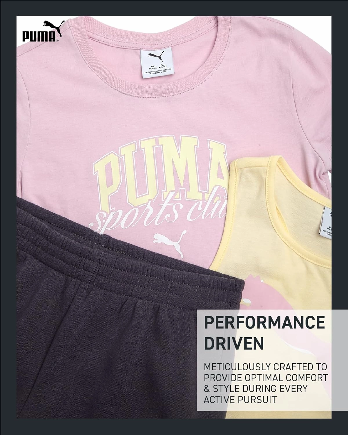 PUMA Girls Active Shorts Set - 3 Piece Performance T-Shirt, Tank Top, Gym Shorts - Summer Athletic Outfit for Girls (7-14)