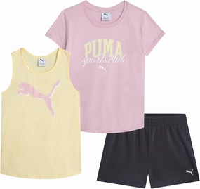 PUMA Girls Active Shorts Set - 3 Piece Performance T-Shirt, Tank Top, Gym Shorts - Summer Athletic Outfit for Girls (7-14)