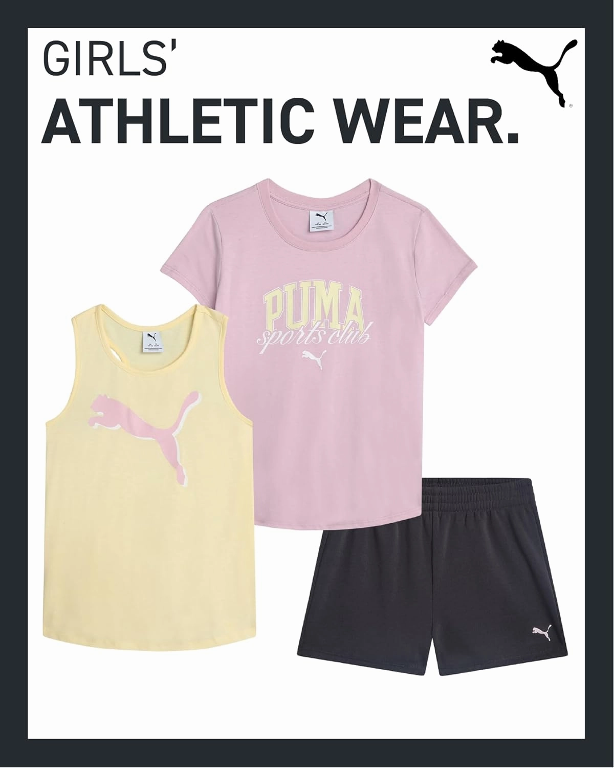 PUMA Girls Active Shorts Set - 3 Piece Performance T-Shirt, Tank Top, Gym Shorts - Summer Athletic Outfit for Girls (7-14)