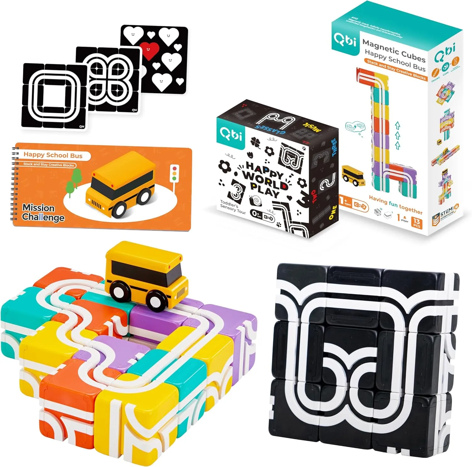 QBI Toy 2 Sets Combo | Happy School Bus & Happy World Play, Magnet Building Tiles, Colorful Blocks Construction Educational STEM Toys with Kids car for 1  Year Old Boys & Girls (13 pcs  9 pcs)
