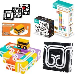 QBI Toy 2 Sets Combo | Happy School Bus & Happy World Play, Magnet Building Tiles, Colorful Blocks Construction Educational STEM Toys with Kids car for 1  Year Old Boys & Girls (13 pcs  9 pcs)