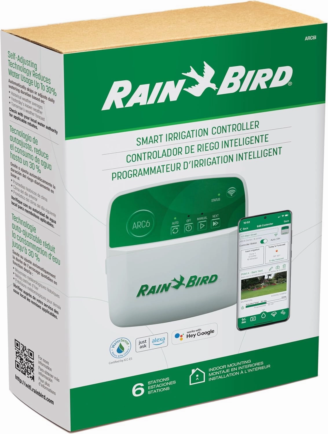 Rain Bird ARC6 App-Based Indoor Smart Irrigation WiFi Timer/Controller, 6-Zone/Station, EPA WaterSense Certified, Compatible with Alexa