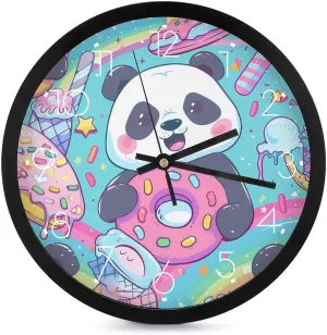 Rainbow Colorful Cute Panda Wall Clock 10 Inch Silent Non-ticking Battery Operated Decorative Clock for Kitchen Bedroom