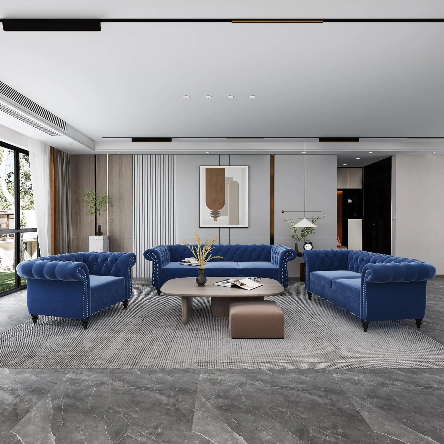 RARZOE Chesterfield Classic Sofa, Mordern 3 Seater Velvet Sofa Couch, Tufted Back Chesterfield Settee Sofas with Nailhead Trim Scroll Arms for Living Room Apartment(Blue)